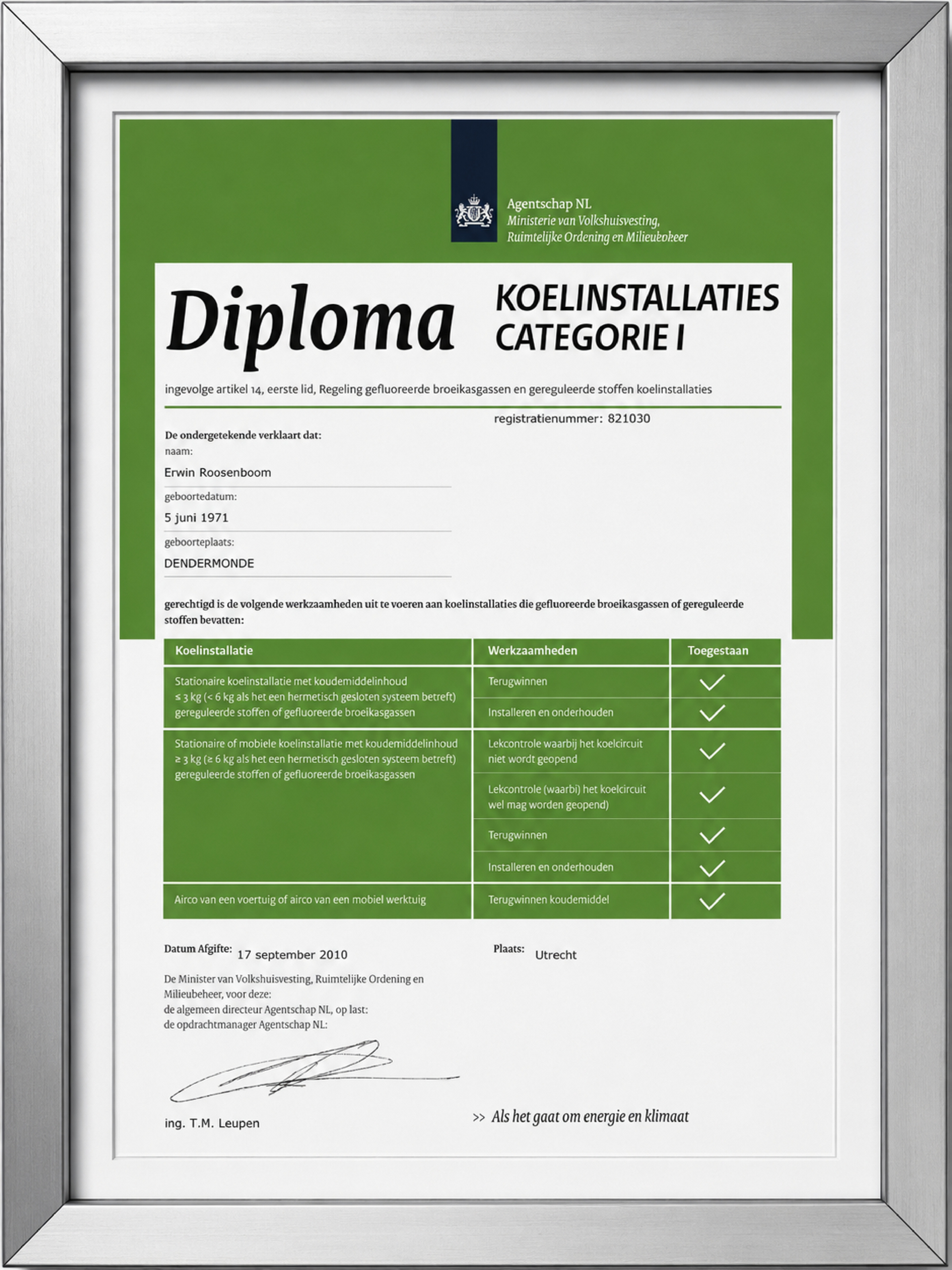Diploma Koelinstallatie Categorie 1