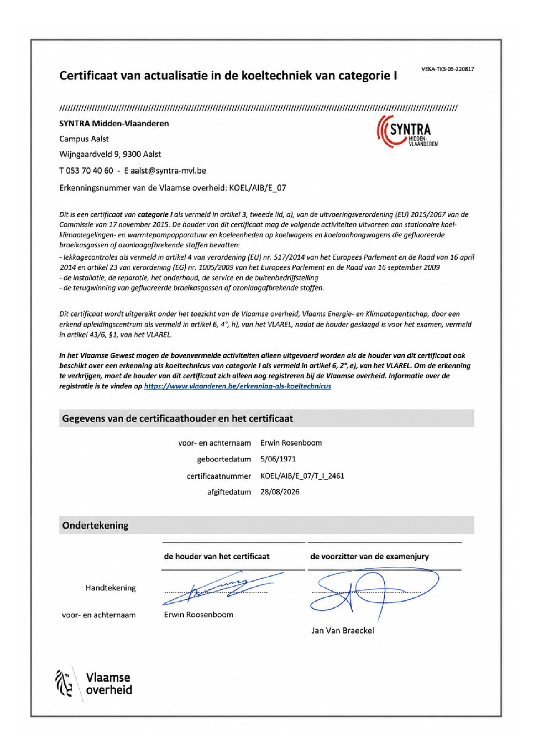 Certificaat van actualisatie categorie 1
